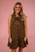 Brown Polka Dot Neck Tie Peplum Mini Dress - image 1