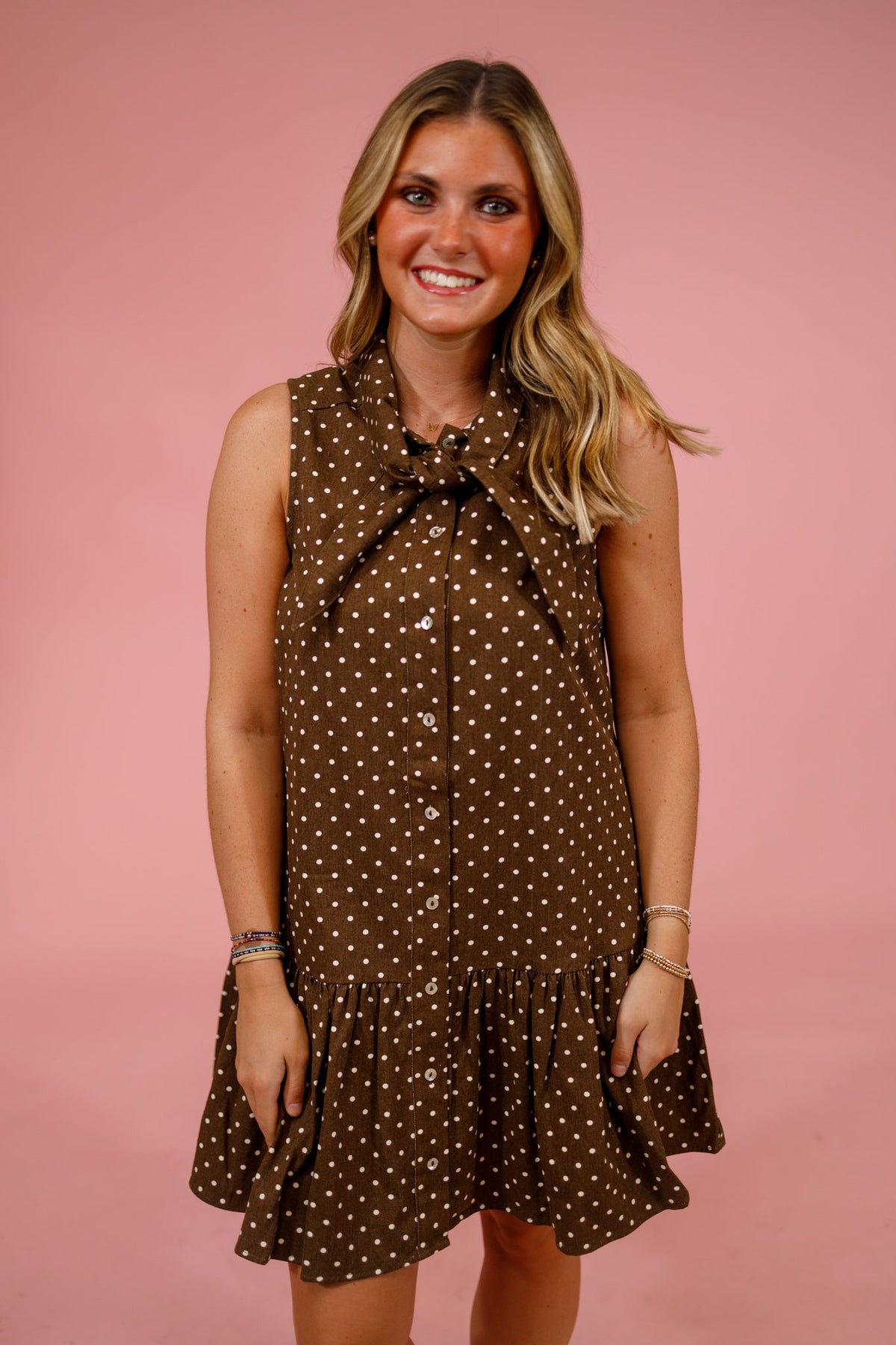 Brown Polka Dot Neck Tie Peplum Mini Dress - image 1