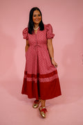 Burgundy Stripe and Dot Puff Sleeve Midi Dress - image 1