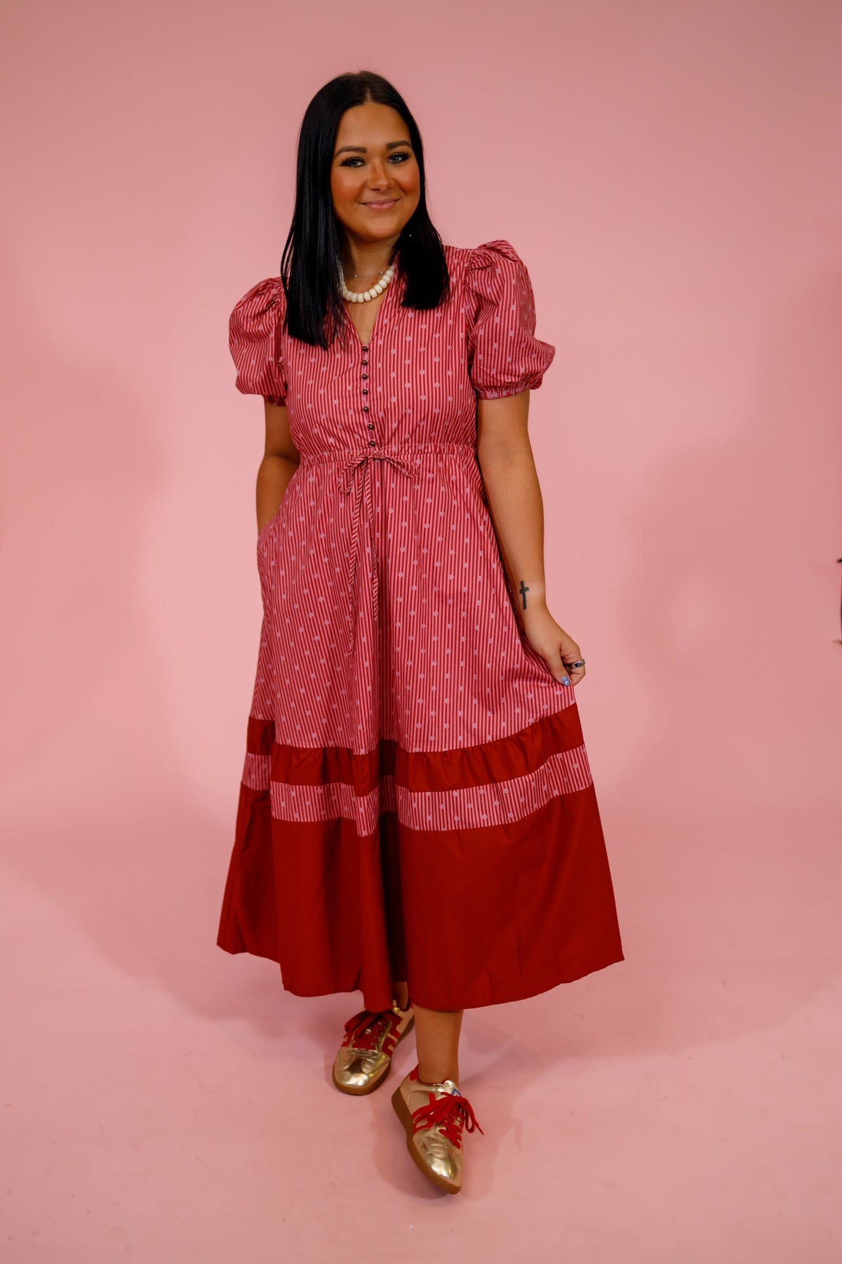Burgundy Stripe and Dot Puff Sleeve Midi Dress - image 1