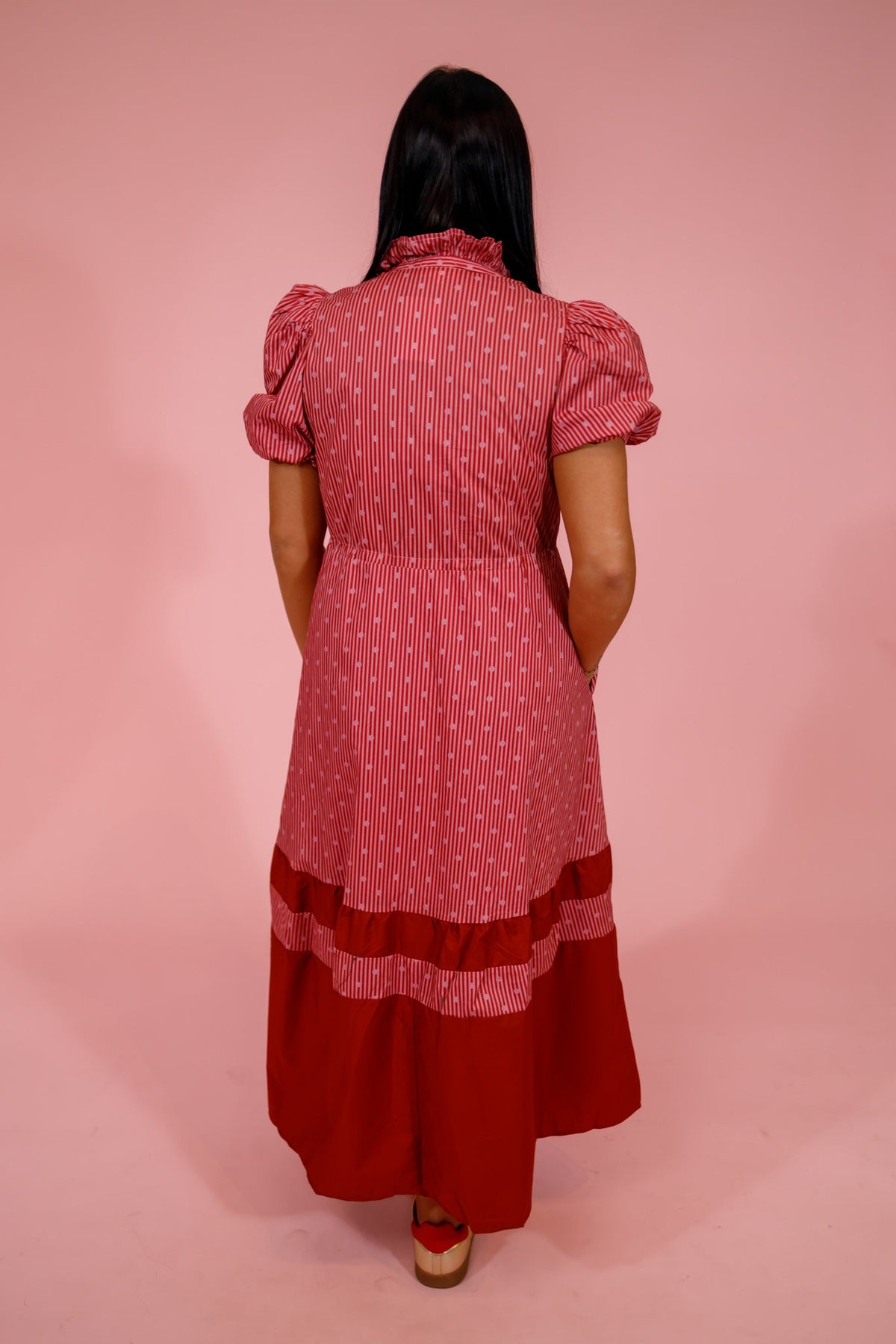 Burgundy Stripe and Dot Puff Sleeve Midi Dress - image 2