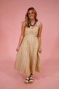 Taupe Striped A-Line Midi Dress - image 1