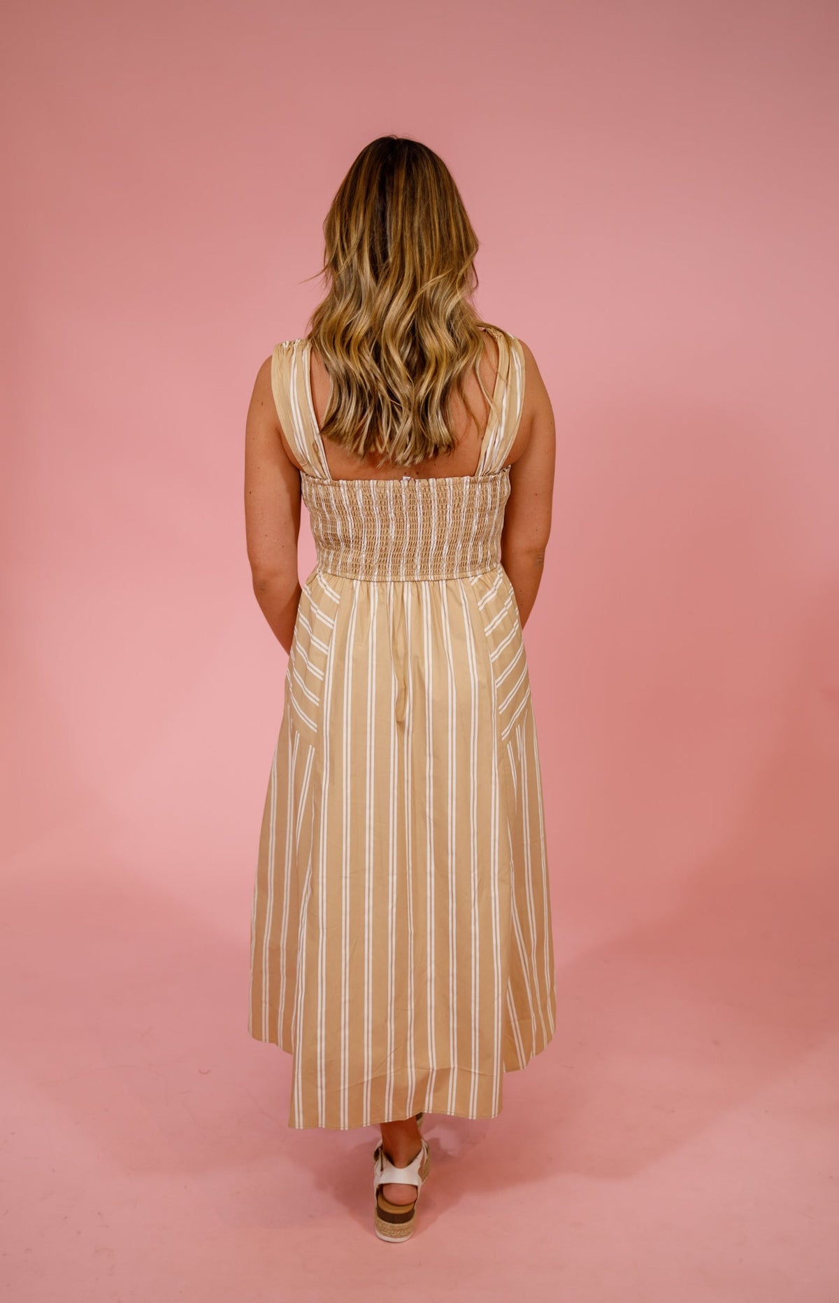 Taupe Striped A-Line Midi Dress - image 2