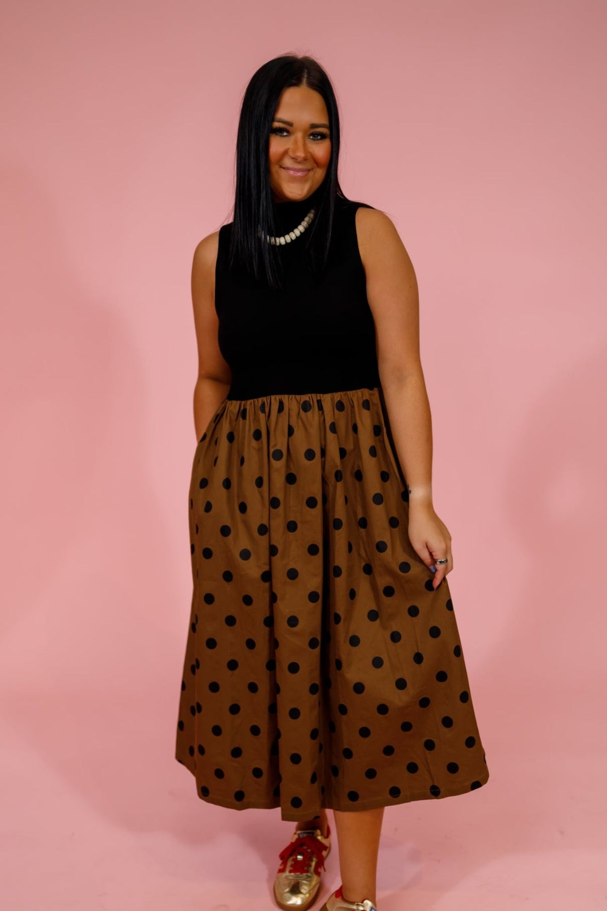Toffee Polka Dot Mock Neck Midi Dress - image 1